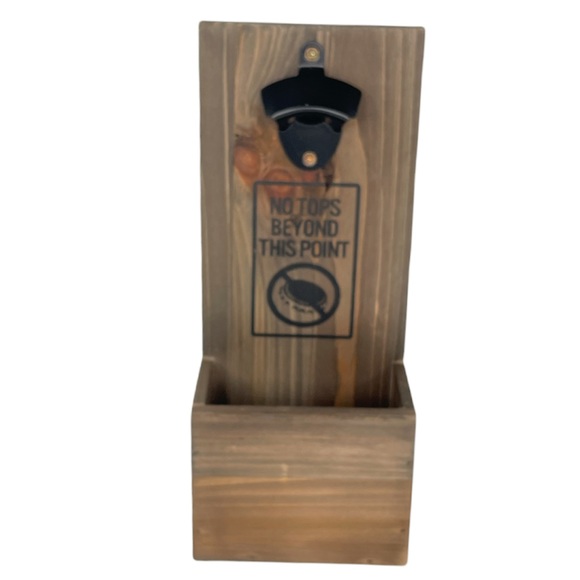 Bottle Top Opener and Bin, No Tops Beyond This Point, Wood - Picture 5 of 5